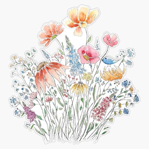 Wild Flower Bouquet And Blue Bird-Line And Watercolor 2 Vinyl Sticker Waterproof Bumper Sticker Laptop Window Decal 5" in Saudi Arabia
