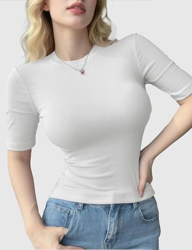 YUCOLEN Womens Tops Dressy Casual Crew Neck Short Sleeve T Shirts Elbow Length Going Out Tops 2025 in Kuwait