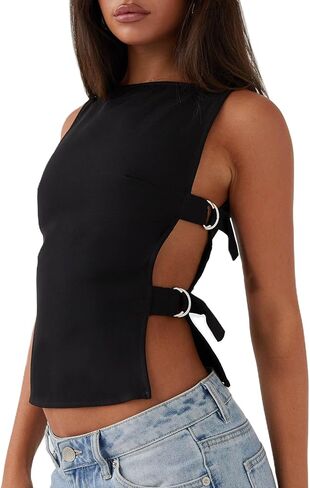 Giraropa Women Buckle Tank Top Y2k Slim Fit Crop Tops Sexy Sleeveless Round Neck Hollow Out Shirt Rave Outfits in Kuwait