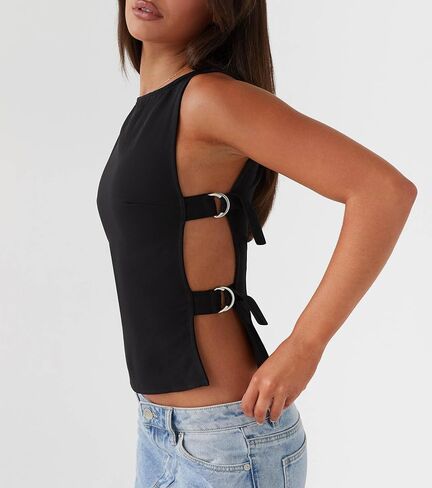 Giraropa Women Buckle Tank Top Y2k Slim Fit Crop Tops Sexy Sleeveless Round Neck Hollow Out Shirt Rave Outfits in Kuwait