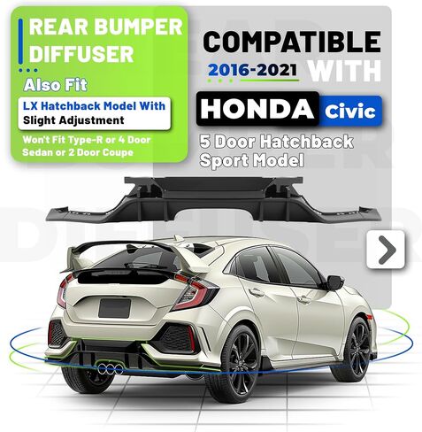 Rear Bumper Diffuser Kit Compatible with 2016-2021 Honda Civic 5 Door Hatchback Sport Type-R Style Rear Lower Bumper Lip Valance Splitter Spoiler Cover Trim Painted Matte Black in Saudi Arabia