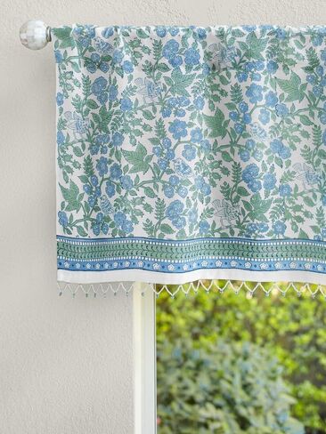 Hand Printed Valance Curtain with Beaded Trim, Blue Woodland Ferns CP - Perfect for Kitchen, Bedroom, Bathroom Fair Trade, 100% Cotton Voile, Light Filtering 44x17 in in Saudi Arabia