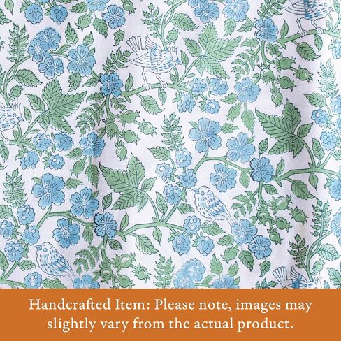Hand Printed Valance Curtain with Beaded Trim, Blue Woodland Ferns CP - Perfect for Kitchen, Bedroom, Bathroom Fair Trade, 100% Cotton Voile, Light Filtering 44x17 in in Saudi Arabia