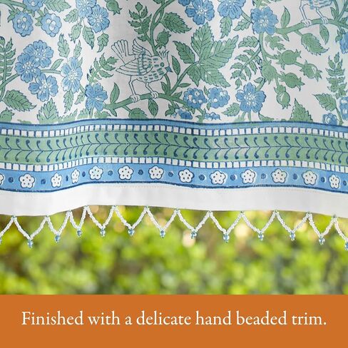 Hand Printed Valance Curtain with Beaded Trim, Blue Woodland Ferns CP - Perfect for Kitchen, Bedroom, Bathroom Fair Trade, 100% Cotton Voile, Light Filtering 44x17 in in Saudi Arabia