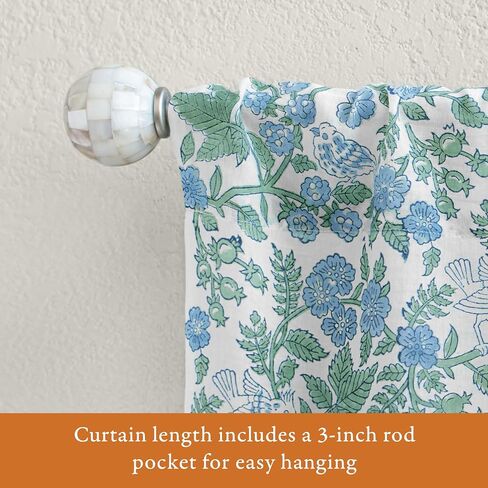 Hand Printed Valance Curtain with Beaded Trim, Blue Woodland Ferns CP - Perfect for Kitchen, Bedroom, Bathroom Fair Trade, 100% Cotton Voile, Light Filtering 44x17 in in Saudi Arabia