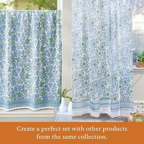 Hand Printed Valance Curtain with Beaded Trim, Blue Woodland Ferns CP - Perfect for Kitchen, Bedroom, Bathroom Fair Trade, 100% Cotton Voile, Light Filtering 44x17 in in Saudi Arabia