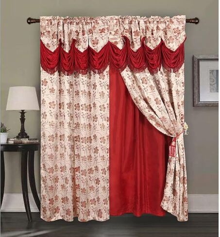 DEVIKA Jacquard Rod Pocket Panel with Attached Valance and Backing, Floral Jacquard Design, Soft-Shimmer with Scroll Pattern, Elegant Look, Tie Back Included, 54x84 Inches (Gold) in Kuwait