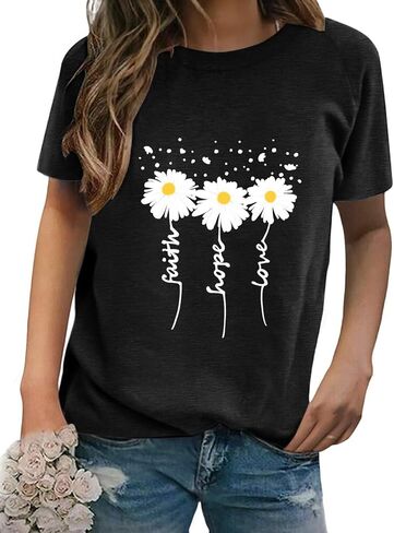 Women Crewneck Daisy Print Short Sleeve T-Shirts Summer Faith-Hope-Love Raglan Sleeve Tees Loose Fit Graphic Tops 2024 in Saudi Arabia