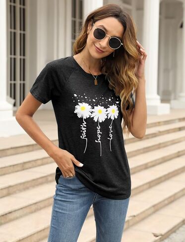 Women Crewneck Daisy Print Short Sleeve T-Shirts Summer Faith-Hope-Love Raglan Sleeve Tees Loose Fit Graphic Tops 2024 in Saudi Arabia