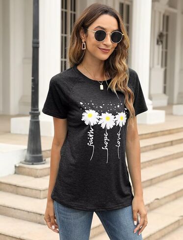 Women Crewneck Daisy Print Short Sleeve T-Shirts Summer Faith-Hope-Love Raglan Sleeve Tees Loose Fit Graphic Tops 2024 in Saudi Arabia