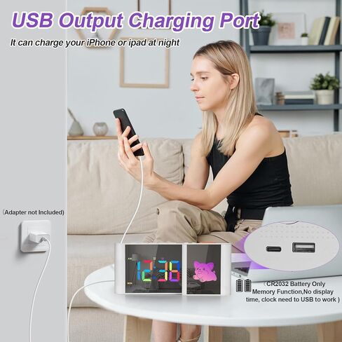 المنبه ، على مدار الساعة ، منبه السرير مع رسم كاريكاتوري لطيف ، 7.2''large Mirror Clocr ، 11 لونًا رقميًا ، 10 ألوان كرتون RGB ، عرض أسبوع ، تعتيم تلقائي ، إنذارات مزدوجة ، منفذ USB ، 5 مستويات حجم غرفة نوم المنزل in Kuwait