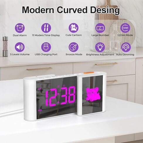 المنبه ، على مدار الساعة ، منبه السرير مع رسم كاريكاتوري لطيف ، 7.2''large Mirror Clocr ، 11 لونًا رقميًا ، 10 ألوان كرتون RGB ، عرض أسبوع ، تعتيم تلقائي ، إنذارات مزدوجة ، منفذ USB ، 5 مستويات حجم غرفة نوم المنزل in Kuwait