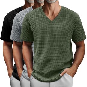 3 Pack Men's Waffle T Shirts, V Neck Moisture Wicking Pullover Tee Shirts Short Sleeve Lightweight Knitted Tops in Kuwait