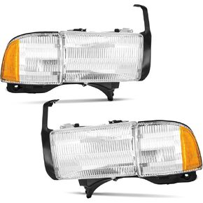 2PCS Chrome Headlight لعام 1994 1995 1996 1997 1998 1999 2000 2001 Dodge RAM 1500 المصابيح الأمامية 94-02 RAM 2500 3500 (نماذج غير رياضية) المصباح الأمامي+موقوف الإشارة للوقوف في الزاوية ضوء ، واضحة ، واضحة. in Saudi Arabia