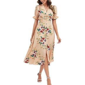 Kormei Women's Casual V Neck Boho Floral Short Sleeve Button Down Split A line Summer Beach Party Long Dress with Pockets in Saudi Arabia