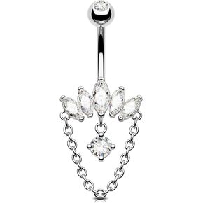 OUFER 316L Surgical Steel Belly Button Rings, Dangling Chains Belly Rings for Women, 14G Navel Piercing Jewelry, Marquise Dangle Curved Barbells Silver Body Piercing Jewelry in Kuwait