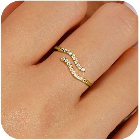 925 Sterling Silver 14K Gold Plated Ocean Wave Ring for Women Adjustable Minimalist Opening Ring Hypoallergenic Inspirational Cubic Zirconia Jewelry for Mom Daughter Birthday Christmas jewelry gifts in Saudi Arabia