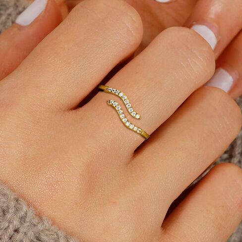 925 Sterling Silver 14K Gold Plated Ocean Wave Ring for Women Adjustable Minimalist Opening Ring Hypoallergenic Inspirational Cubic Zirconia Jewelry for Mom Daughter Birthday Christmas jewelry gifts in Saudi Arabia
