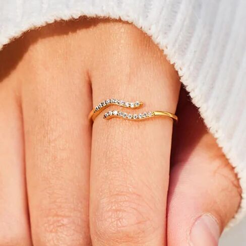 925 Sterling Silver 14K Gold Plated Ocean Wave Ring for Women Adjustable Minimalist Opening Ring Hypoallergenic Inspirational Cubic Zirconia Jewelry for Mom Daughter Birthday Christmas jewelry gifts in Saudi Arabia