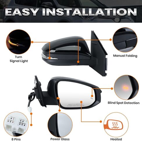 Left Driver Side Mirror Compatible with Toyota RAV4 2013-2018 Heated with Blind Spot Detection with Turn Signal Light Power Glass Manual Folding 8 Pins Black in Kuwait