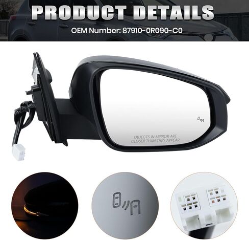 Left Driver Side Mirror Compatible with Toyota RAV4 2013-2018 Heated with Blind Spot Detection with Turn Signal Light Power Glass Manual Folding 8 Pins Black in Kuwait