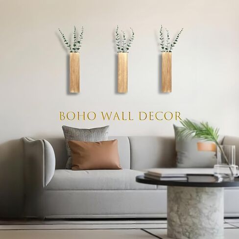 3-Pack Wood Wall Planter with Artificial Plants,Boho Wall Decor Indoor for Bathroom Living Room Bedroom,Modern Farmhouse Art Decor Pocket Vases for Fake Plants and Dried Flower Home Office in Saudi Arabia
