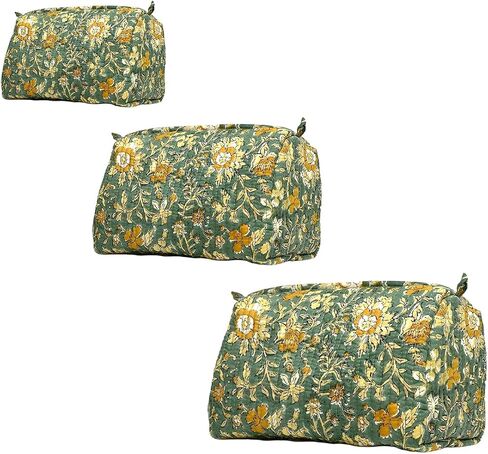 Cotton Hand Block Floral Print Toiletry Bag For Women Make Up Cosmetic Bag Jewelry Organizer Kit Storage Bag Case Travel Accessories Essentials Toiletries Purse Open Pouch, Orange (9.25"x 6.88"x 4.5") in Saudi Arabia