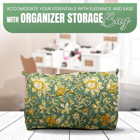 Cotton Hand Block Floral Print Toiletry Bag For Women Make Up Cosmetic Bag Jewelry Organizer Kit Storage Bag Case Travel Accessories Essentials Toiletries Purse Open Pouch, Orange (9.25"x 6.88"x 4.5") in Saudi Arabia