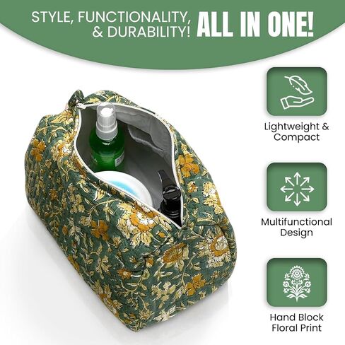 Cotton Hand Block Floral Print Toiletry Bag For Women Make Up Cosmetic Bag Jewelry Organizer Kit Storage Bag Case Travel Accessories Essentials Toiletries Purse Open Pouch, Orange (9.25"x 6.88"x 4.5") in Saudi Arabia