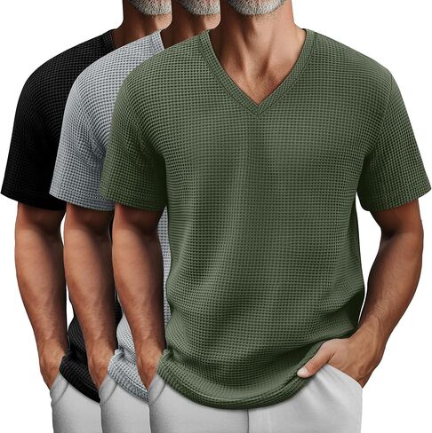3 Pack Men's Waffle T Shirts, V Neck Moisture Wicking Pullover Tee Shirts Short Sleeve Lightweight Knitted Tops in Kuwait