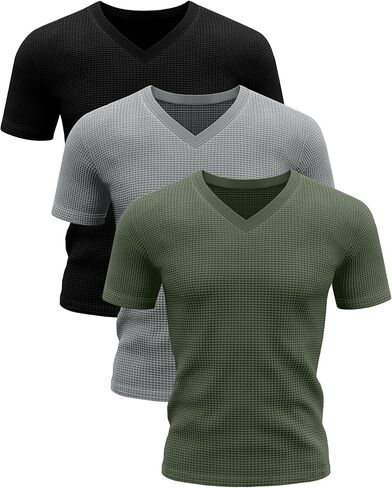 3 Pack Men's Waffle T Shirts, V Neck Moisture Wicking Pullover Tee Shirts Short Sleeve Lightweight Knitted Tops in Kuwait