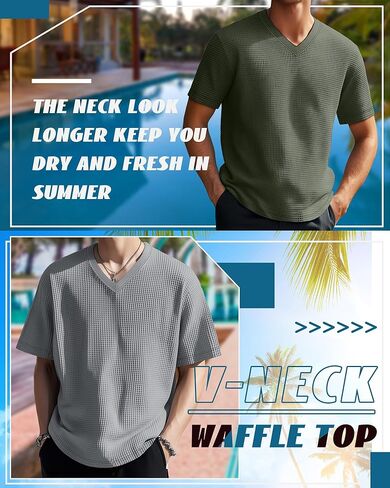 3 Pack Men's Waffle T Shirts, V Neck Moisture Wicking Pullover Tee Shirts Short Sleeve Lightweight Knitted Tops in Kuwait
