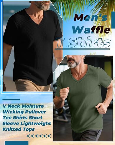 3 Pack Men's Waffle T Shirts, V Neck Moisture Wicking Pullover Tee Shirts Short Sleeve Lightweight Knitted Tops in Kuwait