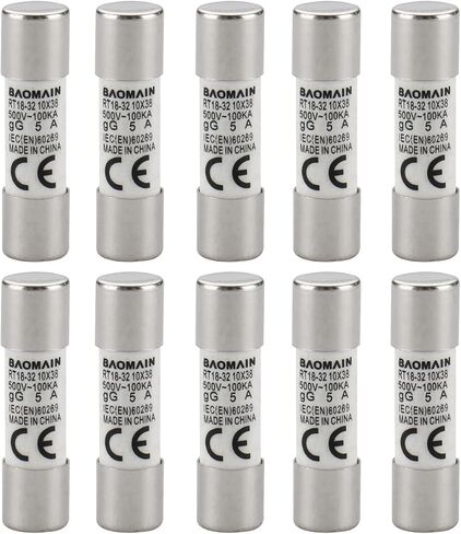 Baomain Cylindrical Fuse Holder RT18-32(X) 10mm X 38mm Fuse Base 2 Poles DIN Rail Mount with 10 PCS of RO15 Fuse (1 Amp) CE Listed in Saudi Arabia