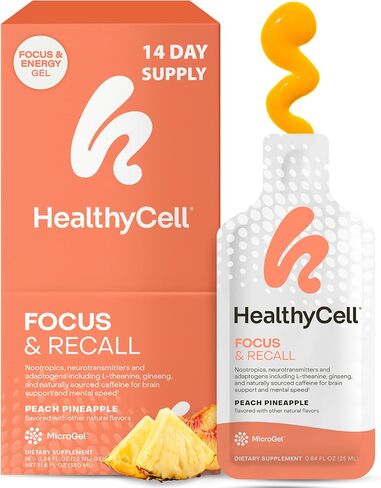 تركيز واستدعاء HealthyCell ، ملحق الدماغ السائل اليومي للتركيز والذاكرة - ملحق nootropics للتركيز واليقظة مع L -theanine ، أوميغا 3 و Taurine - 14 حزم هلام in Kuwait