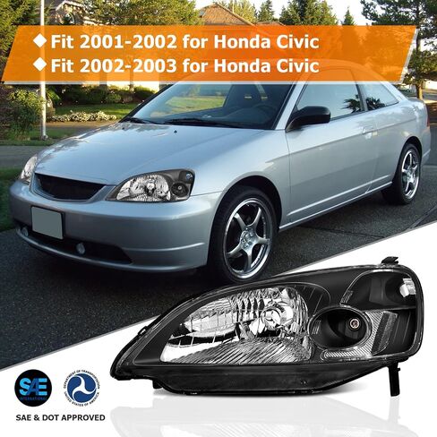 Headlight Assembly for Honda Civic 2001-2003 Black Housing Clear Reflector Clear Lens Driver and Passenger Side Headlamp in Saudi Arabia