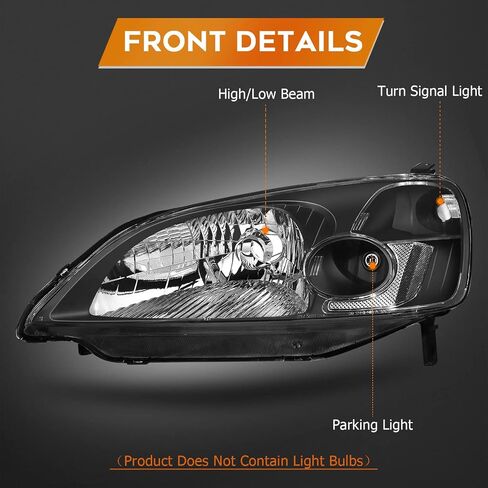 Headlight Assembly for Honda Civic 2001-2003 Black Housing Clear Reflector Clear Lens Driver and Passenger Side Headlamp in Saudi Arabia