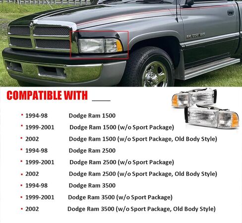 2PCS Chrome Headlight لعام 1994 1995 1996 1997 1998 1999 2000 2001 Dodge RAM 1500 المصابيح الأمامية 94-02 RAM 2500 3500 (نماذج غير رياضية) المصباح الأمامي+موقوف الإشارة للوقوف في الزاوية ضوء ، واضحة ، واضحة. in Saudi Arabia