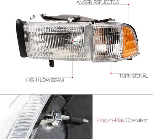2PCS Chrome Headlight لعام 1994 1995 1996 1997 1998 1999 2000 2001 Dodge RAM 1500 المصابيح الأمامية 94-02 RAM 2500 3500 (نماذج غير رياضية) المصباح الأمامي+موقوف الإشارة للوقوف في الزاوية ضوء ، واضحة ، واضحة. in Saudi Arabia