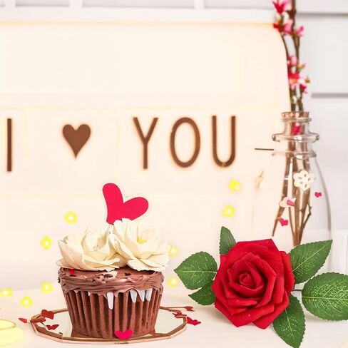 100pcs الزهور الاصطناعية الداكنة الحمراء الورود المظهر الحقيقي الرغوة المزيفة مع الجذعية للباقات الزفاف DIY الزفاف دش مركزية ترتيبات الحزب ديكورات المنزل in Kuwait