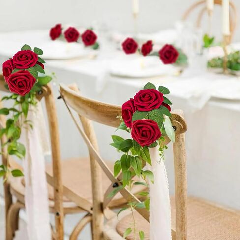 100pcs الزهور الاصطناعية الداكنة الحمراء الورود المظهر الحقيقي الرغوة المزيفة مع الجذعية للباقات الزفاف DIY الزفاف دش مركزية ترتيبات الحزب ديكورات المنزل in Kuwait