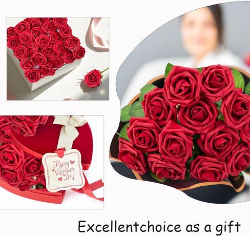 100pcs الزهور الاصطناعية الداكنة الحمراء الورود المظهر الحقيقي الرغوة المزيفة مع الجذعية للباقات الزفاف DIY الزفاف دش مركزية ترتيبات الحزب ديكورات المنزل in Kuwait