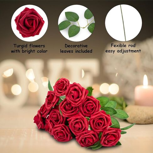 100pcs الزهور الاصطناعية الداكنة الحمراء الورود المظهر الحقيقي الرغوة المزيفة مع الجذعية للباقات الزفاف DIY الزفاف دش مركزية ترتيبات الحزب ديكورات المنزل in Kuwait