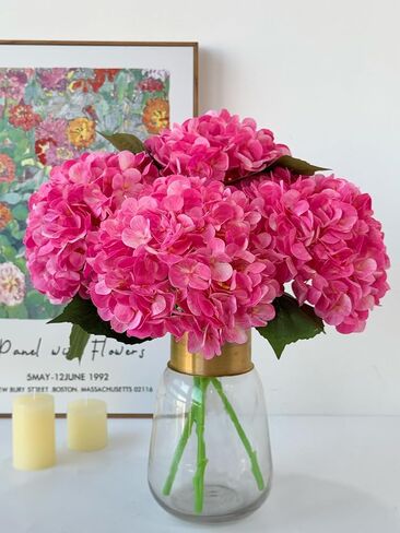 YalzoneMet 4Pcs Magenta Silk Hydrangea Artificial Flower Rose Red Lifelike Big Blooms 20'' Long Stem Faux Hydrangea Flower Bouquets for Home Party Indoor Outdoor Wedding Table Centerpiece Decor in Kuwait