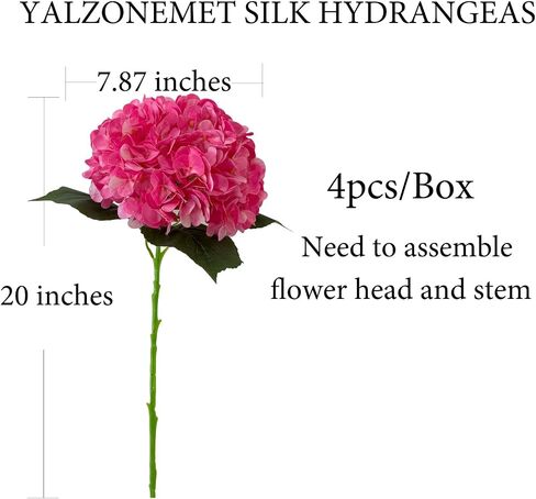 YalzoneMet 4Pcs Magenta Silk Hydrangea Artificial Flower Rose Red Lifelike Big Blooms 20'' Long Stem Faux Hydrangea Flower Bouquets for Home Party Indoor Outdoor Wedding Table Centerpiece Decor in Kuwait