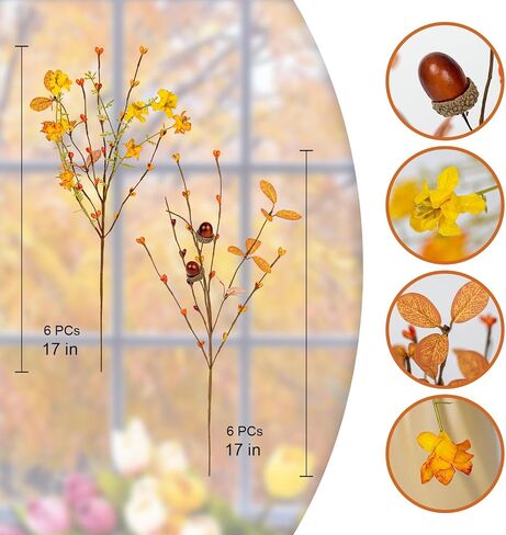 Artificial Fall Flowers 12 Pack Fall Floral Picks 17 Inch Autumn Flower Stems with Orange Berries Acorns Fall Leaves for Thanksgiving Harvest Flower Arrangement Centerpieces DIY Crafts in Saudi Arabia