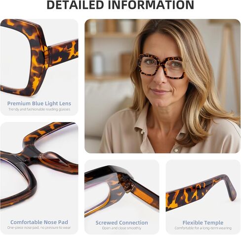 Square Oversized Reading Glasses Blue Light Blocking for Women Men, Stylish Readers with Spring Hinge,Classic Tortoise Shell, 2.0 in Saudi Arabia