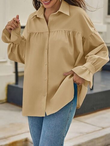 زر جرس Cicy Womens كبير الحجم أسفل القمصان الطويلة كشكش الأكمام مطوية babydoll بلوزات عصرية غير رسمية in Saudi Arabia