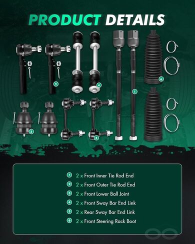 SCITOO 12pcs Front Suspension Kit Outer Inner Tie Rod End w/Steering Boot fit 1994-2004 for Ford for Mustang Lower Ball Joint Sway Bar Link in Saudi Arabia