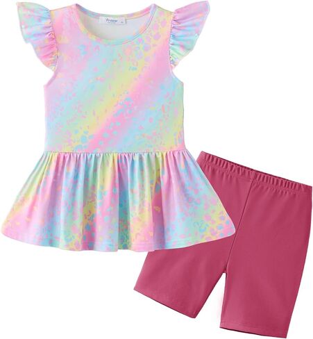 Arshiner Girls 2 Piece Outfit Ruffle Sleeve Peplum Top And Biker Shorts Lightweight Breathable Summer Clothing Set in Saudi Arabia